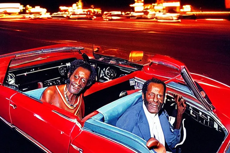 Image similar to Color photograph of Chuck Berry behind the wheel of a red convertible 1968 Converible Eldorado with a white interior on the Las Vegas Strip at night, award winning photograph by Annie Liebowitz and Herman Leonard