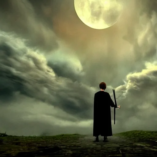 Image similar to Harry potter standing and holding a short wand, magic aura, back view, thunderclouds, cinematic shot, wide shot, epic scale, waving robe movement, photorealistic detail and quality, intricate ground stone, magical sigils, floating particle effects, movie still, nighttime, crescent moon, sharp and clear, action shot, intense scene, visually coherent, symmetry, rule of thirds, movement, photorealistic colors, cool colors transitioning to warm colors, modest tone, award winning, directed by Steven Spielberg, Christopher Nolan, Tooth Wu, Asher Duran, artstation