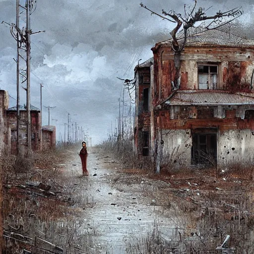 Prompt: painting of a abandoned post soviet town infested with humanoid root monsters by jakub rozalski