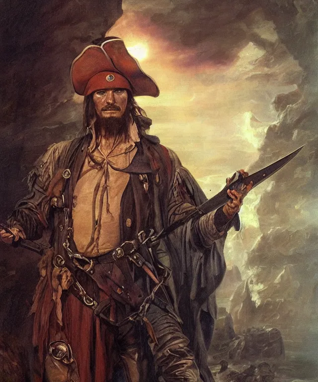 Image similar to ultra realistic color portrait painting of an ghostly 1 7 th century pirate with a sword in a grotto, dark, painted, brooding, atmospheric, seascape, horror, smooth, epic, highly detailed, cinematic, by clyde caldwell