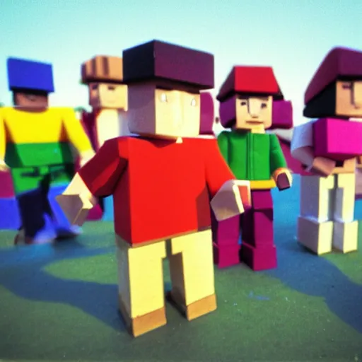 Image similar to 35 mm photo of block figures looking like roblox figures playing with a computer in a block world, having fun in the sun, bright and fun colors