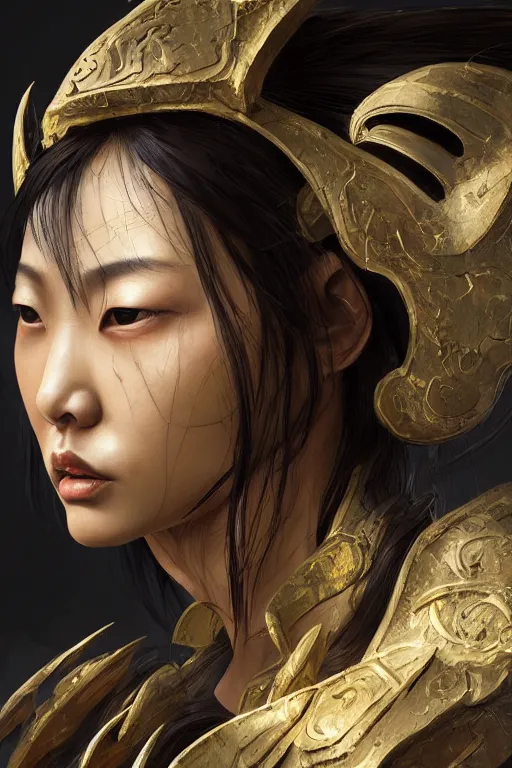 Image similar to Art station concept of Asian woman, fair skin, big eyes, long black hair, no bangs, wearing sculpted textured armor, closes her eye, battle damage, intricate complexity, close-up of the front of the face, resolute expression, back lighting, 4K resolution, symmetric, clear facial features, by Ruan Jia and Mandy Jurgens and William-Adolphe Bouguereau, Karol Bak, smooth, sharp focus, rich deep colors, Unreal Engine 5, digital render, intricate, ultra realistic, concept art,