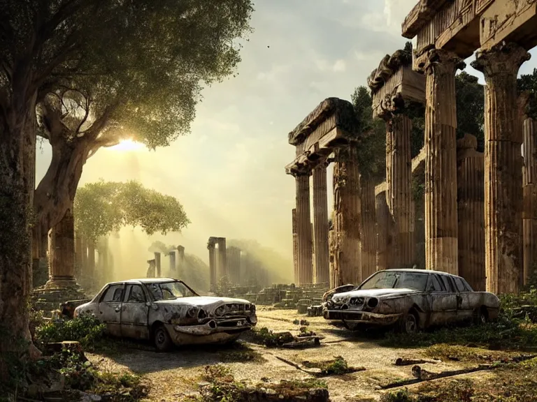 Image similar to a tree growing on a scrap car in ancient greek ruins, gray wasteland, many overgrown scrap cars, overgrown pillars and arches, vines, flowers, hyperrealistic, highly detailed, cinematic, ray of golden sunlight, beautiful, cgsociety, artstation, 8 k, oil painting by greg rutkowski, by artgerm, by wlop