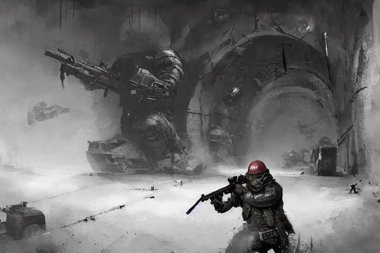 Image similar to Soviet heavy armed liquidator fights against mutant in industrial tunnels by jakub Różalski