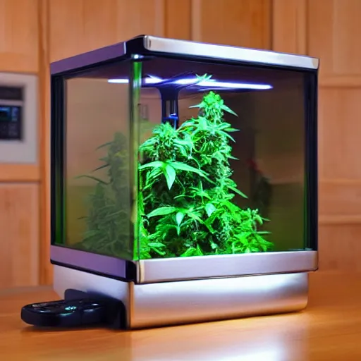 Image similar to cute cannabis home growing cube fully automated, beautifully designed kitchen appliance, modern apartment interior