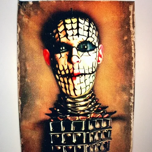 Prompt: vintage analog portrait of a kindness pinhead from the movie hellraiser, very attractive and beautiful, kawaai, cactus head, summertime, smiling, warm tones, depth of field, color bleed, dramatic light