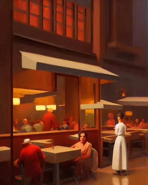 Image similar to restaurant from the 50's painted by George Tooker volumetric lighting, back lighting, rimlight, dramatic lighting, digital painting, highly detailed, artstation, sharp focus, illustration, Artgerm, Jean-Léon Gérôme , ruan jia