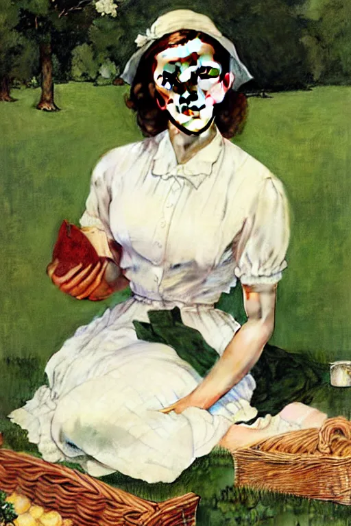 Image similar to photo photorealistic portrait photograph Emma Watson picnic in the green lawn 1950s portrait by Norman Rockwell