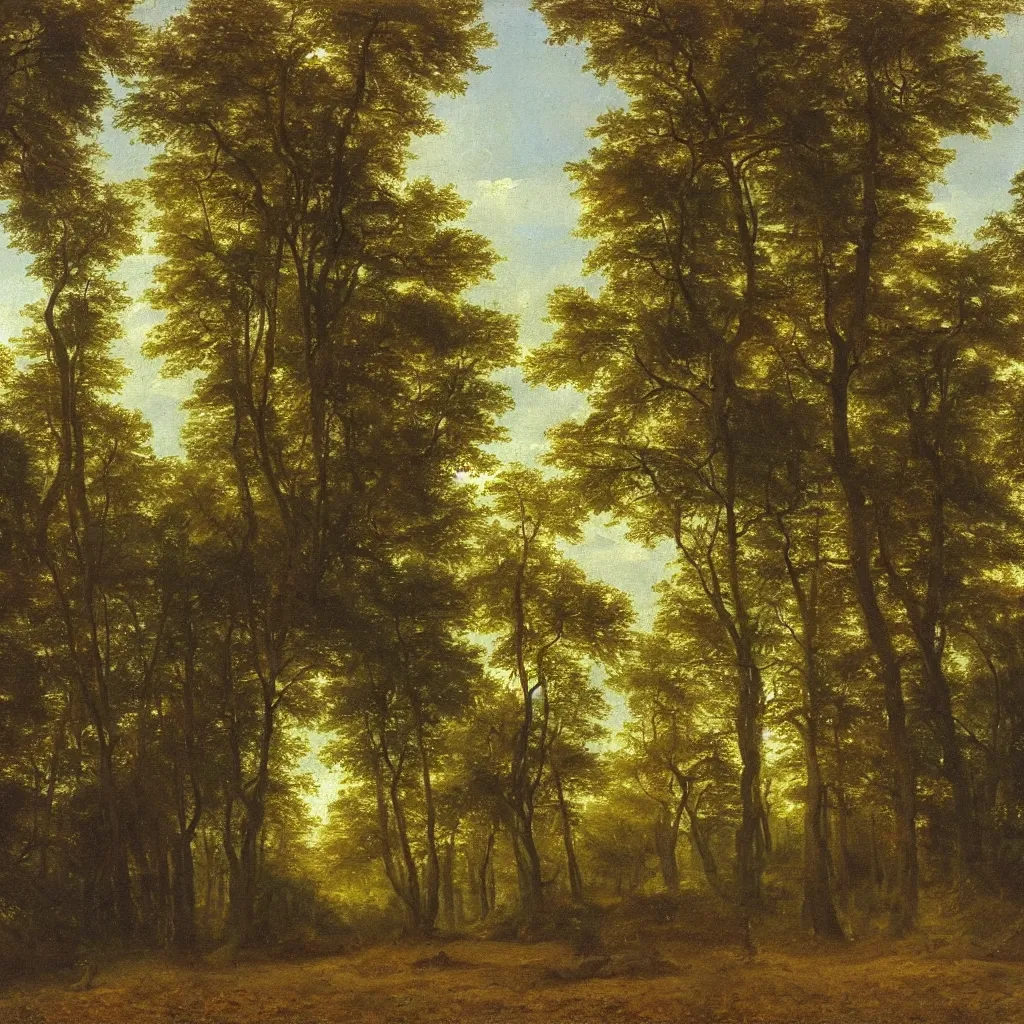 Prompt: a realistic oil painting of a forest at midday, dutch masters