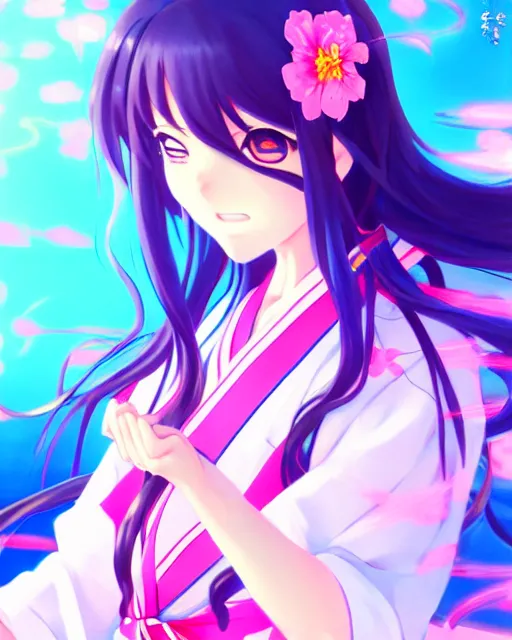 Image similar to anime style, vivid, expressive, full body, 4 k, painting, a cute magical girl idol with a long wavy hair wearing a kimono outfit, correct proportions, stunning, realistic light and shadow effects, neon lights, studio ghibly makoto shinkai yuji yamaguchi