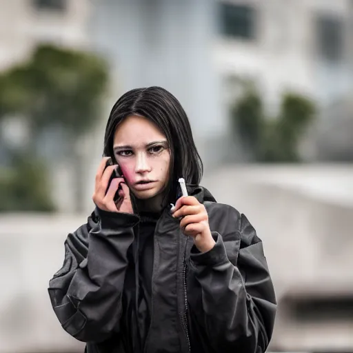 Image similar to candid photographic portrait of a poor techwear mixed young woman smoking inside a dystopian city, closeup, beautiful garden terraces in the background, sigma 85mm f/1.4, 4k, depth of field, high resolution, 4k, 8k, hd, full color