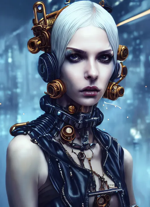 Prompt: soft lustrous ivory ebony biotech raver gutter punk gothic steampunk cyborg, golden ratio, details, scifi, fantasy, cyberpunk, intricate, decadent, highly detailed, digital painting, octane render, artstation, concept art, smooth, sharp focus, illustration, art by artgerm, loish, wlop