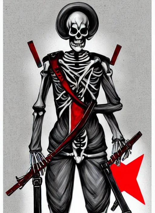 Image similar to shin megami tensei art of a demon that is a skeleton soviet!! soldier!! from 1 9 2 0 s wearing a budenovka!!! with a red star!!, art by kazuma kaneko, demonic! compedium!, law aligned, digital drawing, white background, very high quality, very highly detailed