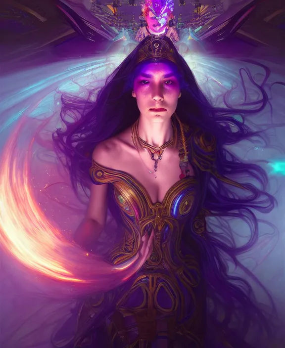 Image similar to a whirlwind of souls rushing inside the metaverse, half body, glowin eyes, tiara with sapphire, pharaoh, android, cyberpunk, d & d, fantasy, intricate, elegant, highly detailed, colorful, vivid color, digital painting, artstation, concept art, art by artgerm and greg rutkowski and alphonse mucha and ruan jia