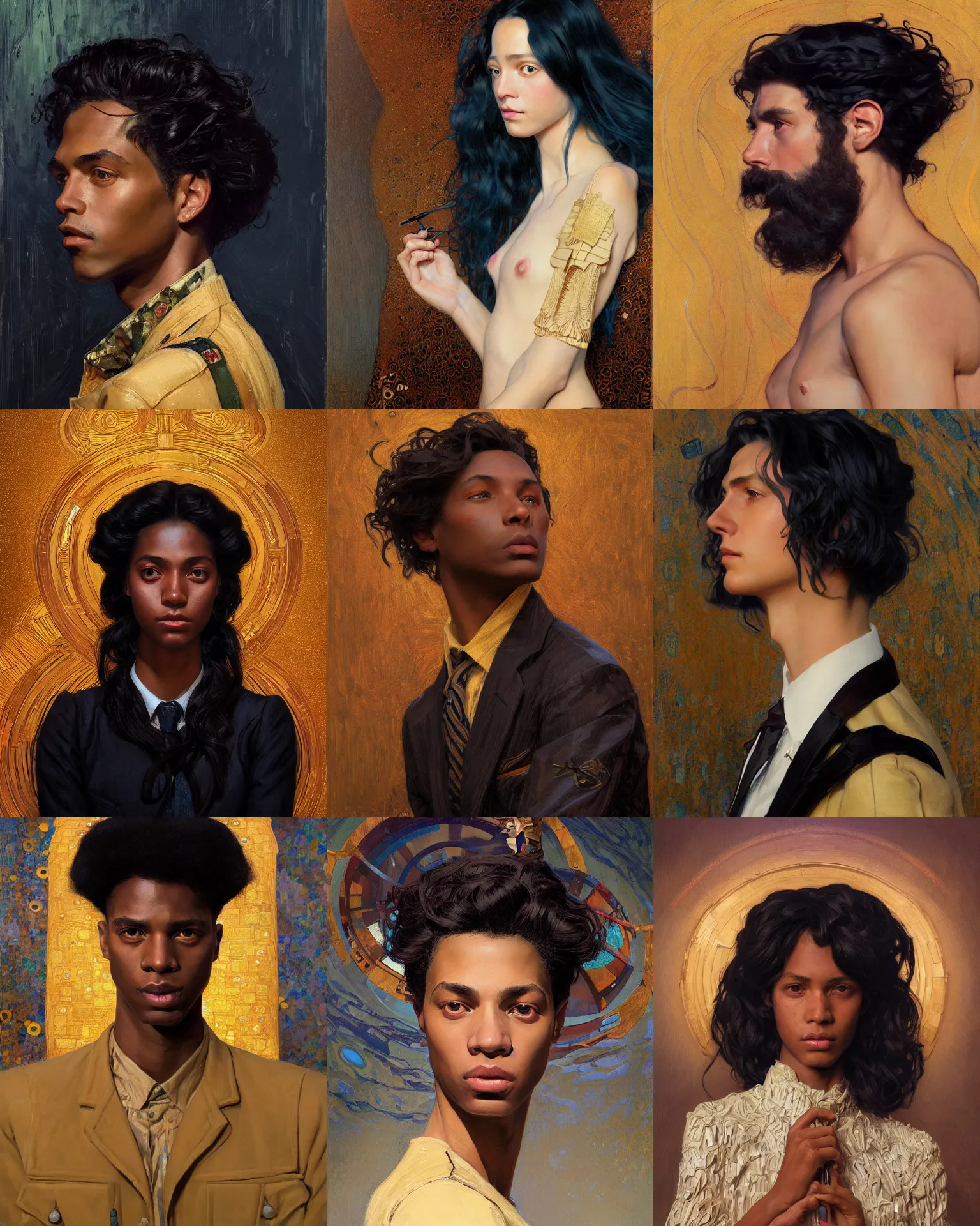 Prompt: sargent and leyendecker and greg hildebrandt gustav klimt highly profile portrait of young black model with long hairs, stephen bliss, unreal engine, fantasy art by greg rutkowski, loish, rhads, wooden background, makoto shinkai, ilya kuvshinov, rossdraws, alphonse mucha, radiant light, detailed and intricate environment