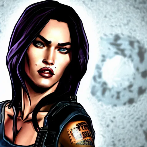 Image similar to megan fox portrait, borderlands, tales from the borderlands, the wolf among us, comic, cinematic lighting, studio quality, 8 k