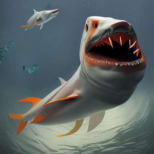 Prompt: orange and white traffic cone great white shark eyes and teeth teeth teeth teeth teeth, tyre mark, wide shot, underwater background detailed atmospheric - ron cheng & alphonse mucha, highly detailed, digital painting, ray tracing, concept art, illustration, smooth sharp focus, intricate, symmetry, artstation,