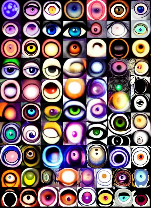 Image similar to diverse eyes!, rotating circle, dot pupils, teams, healing, energetic, life, hybrids, thin glowing devices, reflections, vitals visualiser!!, advanced art, art styles mix, from wikipedia, grid of styles, various eye shapes