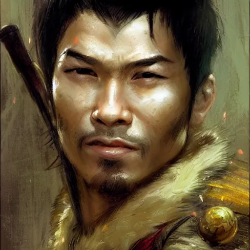 Prompt: a medieval bandit, asian male with stubble, athletic, gearing up for battle, candid, red accents, fantasy character portrait by gaston bussiere, craig mullins