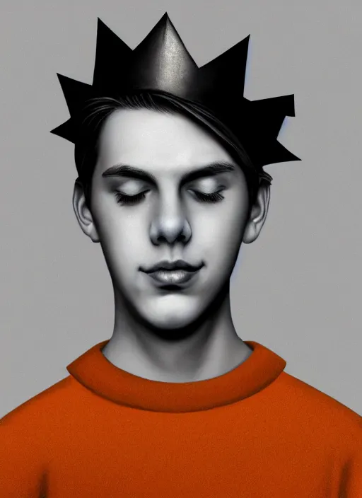 Image similar to portrait of teenage jughead jones wearing a light grey crown, symmetrical crown, sweater with picture of hamburger, eyes closed, crown, black hair, orange, intricate, elegant, glowing lights, warm lighting, highly detailed, digital painting, artstation, concept art, smooth, sharp focus, illustration, art by wlop, mars ravelo and greg rutkowski