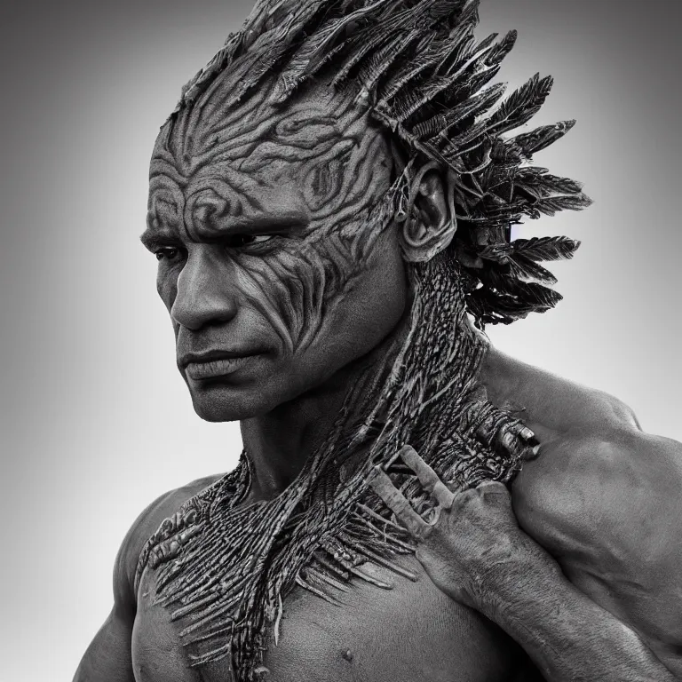 Image similar to surreal spinal ribbed tribal exotic organic face portrait of a beautiful muscled aboriginal man, beautiful detailed intricate insanely detailed BW 3D render digital art, octane render, 8K artistic photography, photorealistic