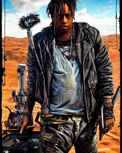 Image similar to juice wrld in dystopian raider mad max post apocalpytic, airbrush, drew struzan illustration art, key art, movie poster