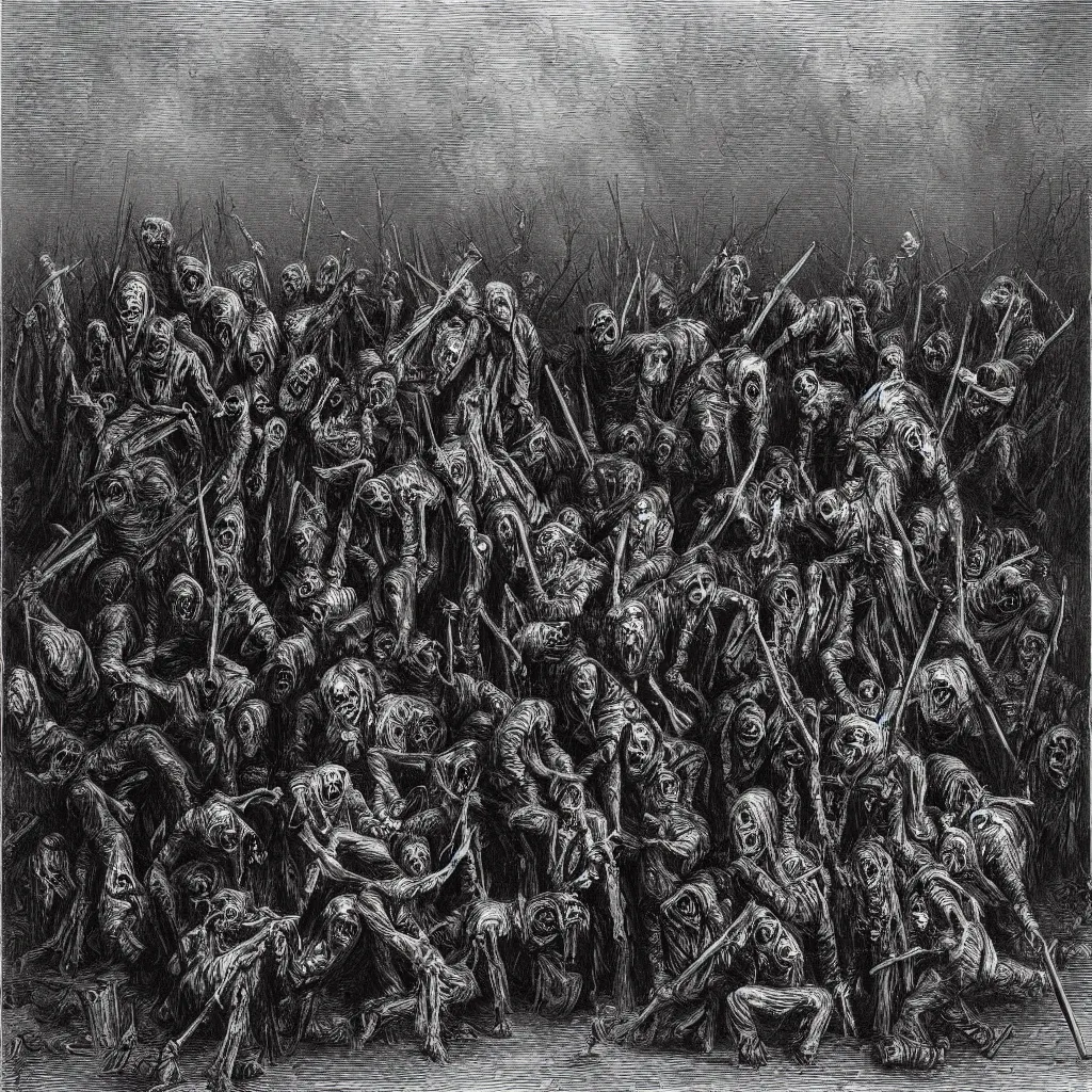 Image similar to zombies, nine steel barrels in a graveyard, creepy atmosphere, dark, realistic, illustration by gustave dore