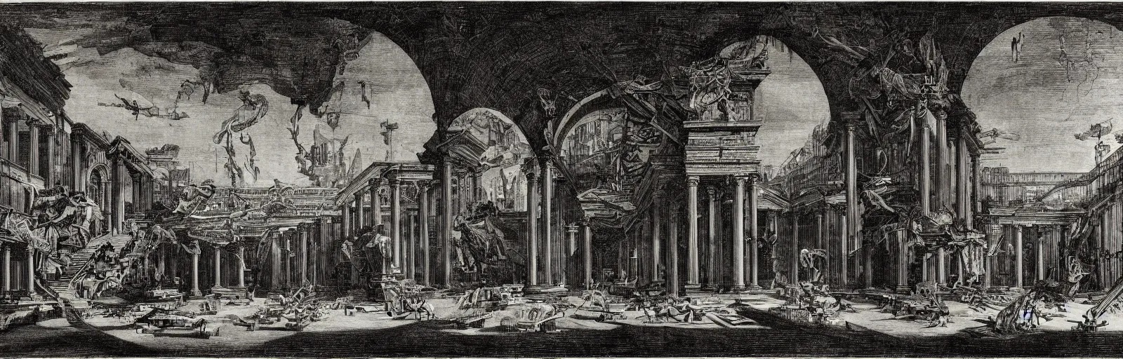 Image similar to a imaginative and theatrical architectural prison landscape, etching by giovanni battista piranesi