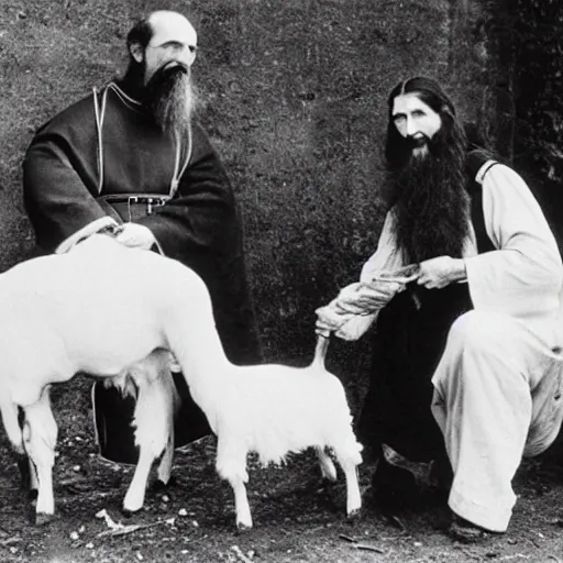 Image similar to photo of breton monks looking like rasputin, with a goat