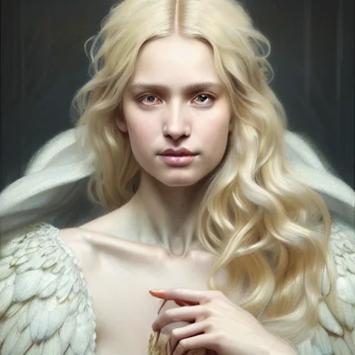 Image similar to portrait painting of a beautiful blonde woman with a kind face wearing a feathered cloak and a fancy silk white dress, ultra realistic, concept art, intricate details, eerie, highly detailed, photorealistic, octane render, 8 k, unreal engine. art by artgerm and greg rutkowski and charlie bowater and magali villeneuve and alphonse mucha