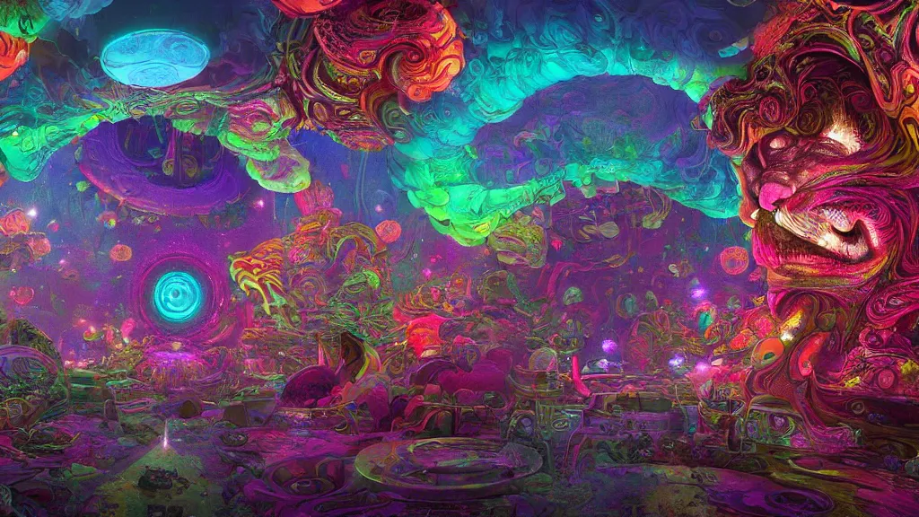 Prompt: lsd visuals dmt visuals shroom visuals a monkey face spirals and fractal designs infinity by Paul Lehr and moebius and beeple