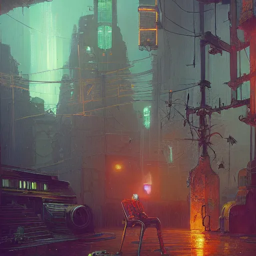 Image similar to A beautiful painting of cyberpunk beholder by Paul Gustav Fischer and Simon Stålenhag and John Atkinson Grimshaw, character concept art, matte painting, heavy metal magazine, trending on artstation. dynamic lighting, raytracing, unreal engine