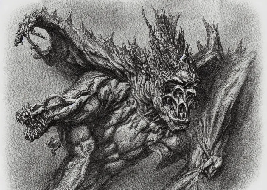 Prompt: “gargoyle demon, pencil illustration by Gustave Dore”