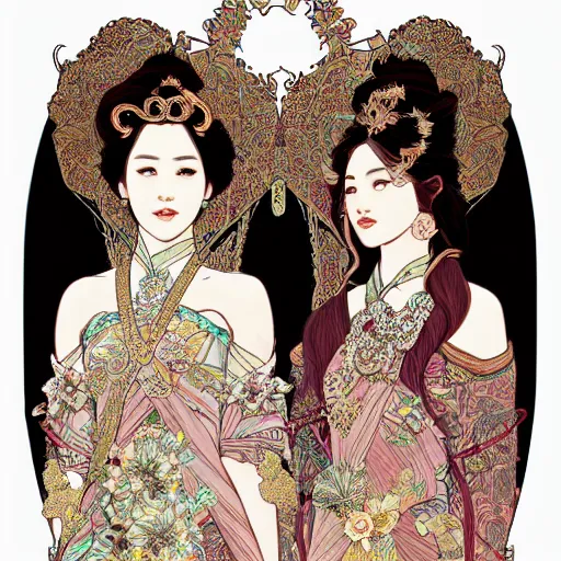 Image similar to beautiful and detailed digital illustration of a twin thai princesses by kittichai rueangchaichan, floralpunk, Artstation, art nouveau aesthetic, Alphonse Mucha background, intricate details,concept art, realistic, dramatic, detailed intricate ink illustration, heavenly atmosphere, Ukiyo-style