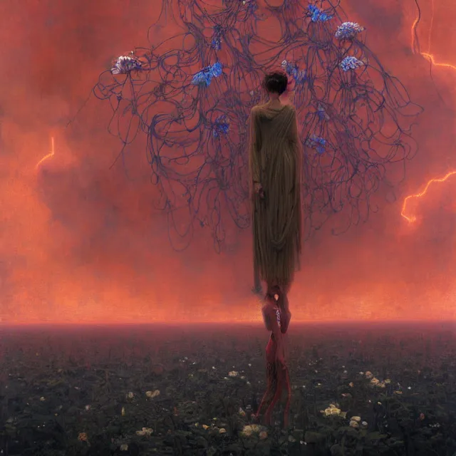 Image similar to A woman wearing clothes made out of thunder clouds and flowers, people floating in the sky, apocalypse, red skin, Masterpiece, glowing, wires everywhere, by Edgar Maxence and Ross Tran, Zdzisław Beksiński, and Michael Whelan, distant, gustav dore, H.R. Giger, 8k, octane render