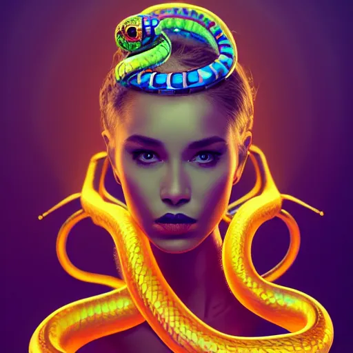Prompt: a robotic woman with snakes on her hair, vibrant lighting, elegant, highly detailed, smooth, sharp focus, illustration, beautiful, geometric, trending on artstation, full body, cinematic, artwork by borovikovsky