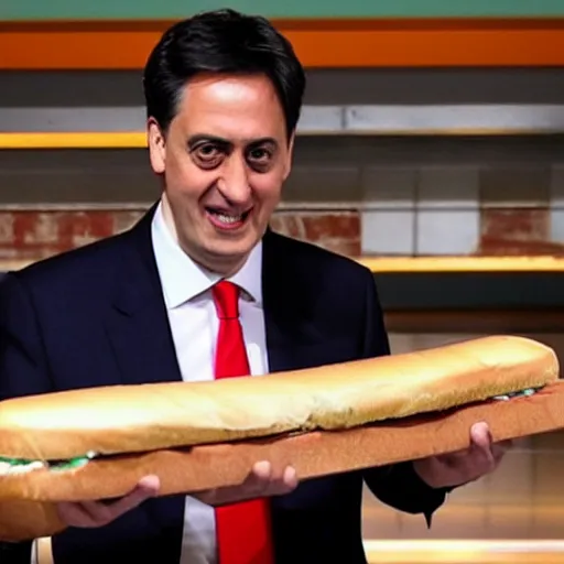 Image similar to Labour Leader Ed Miliband feeling a sandwich with his forehead. Unpleasant aroma, sour face. Photo courtesy of BBC