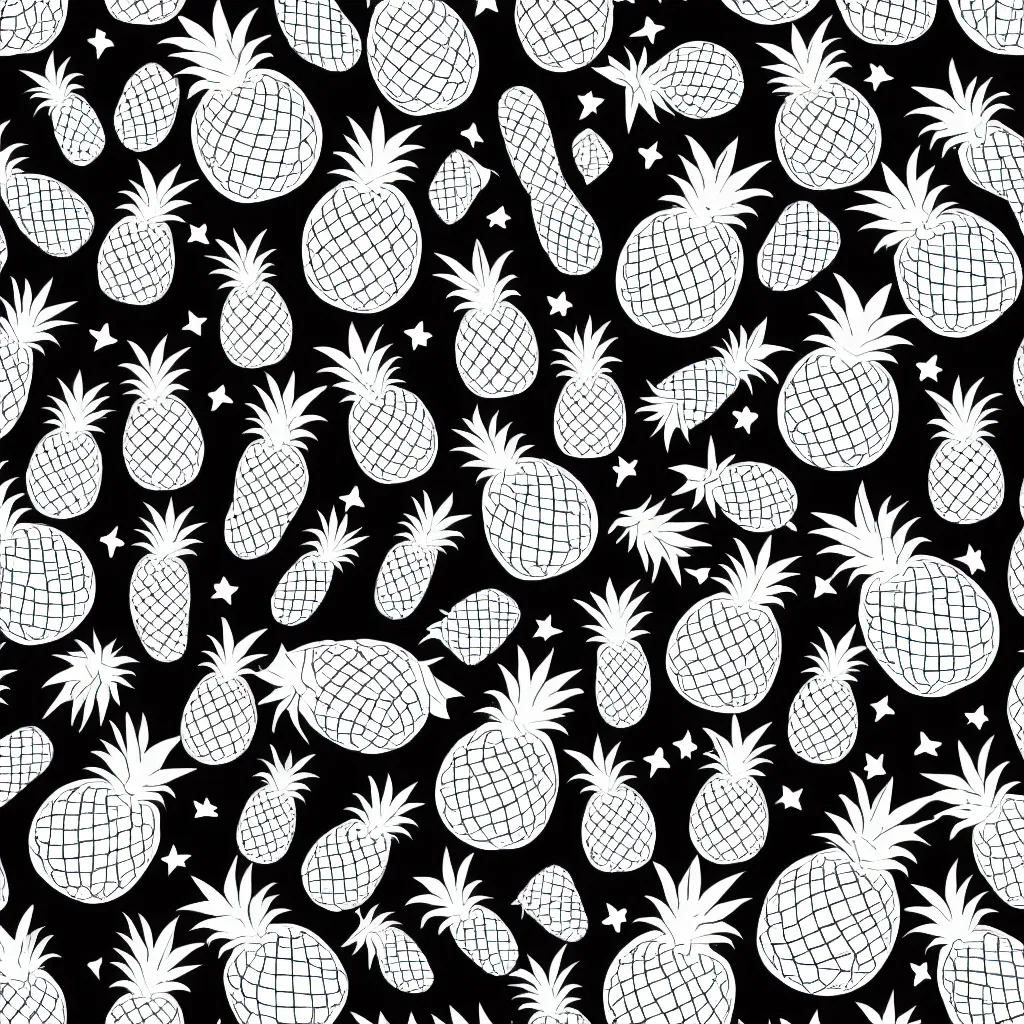 Image similar to seamless pattern parots and pineapples. black and white, drawing, white background, seamless, ornament.