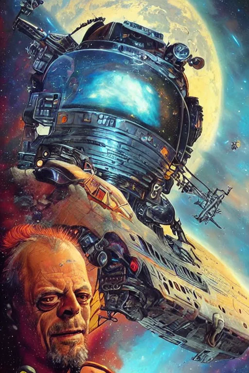 Image similar to Christopher Lloyd is a space pirate, apocalyptic, science fiction, retro cover, high details, intricate details, by vincent di fate, artgerm julie bell beeple, inking, screen print