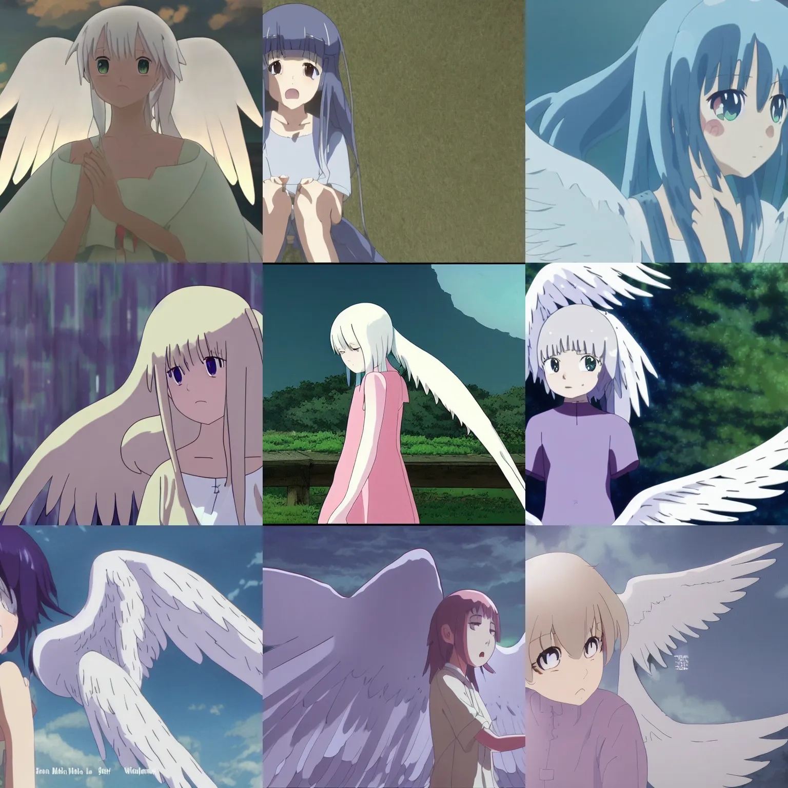 Prompt: its never quiet when an angelgirl cries, angel wings, girl with angel wings, anime, Makoto Shinkai, Hideaki Anno, Mochiduki Key, Studio Ghibli, Madhouse, WHITE FOX, Studio Trigger