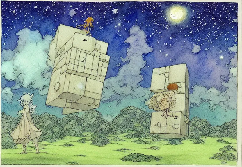 Image similar to a simple watercolor fantasy concept art of a giant grey cube floating in the air. it is a misty starry night. by studio ghibli, rebecca guay, michael kaluta, charles vess