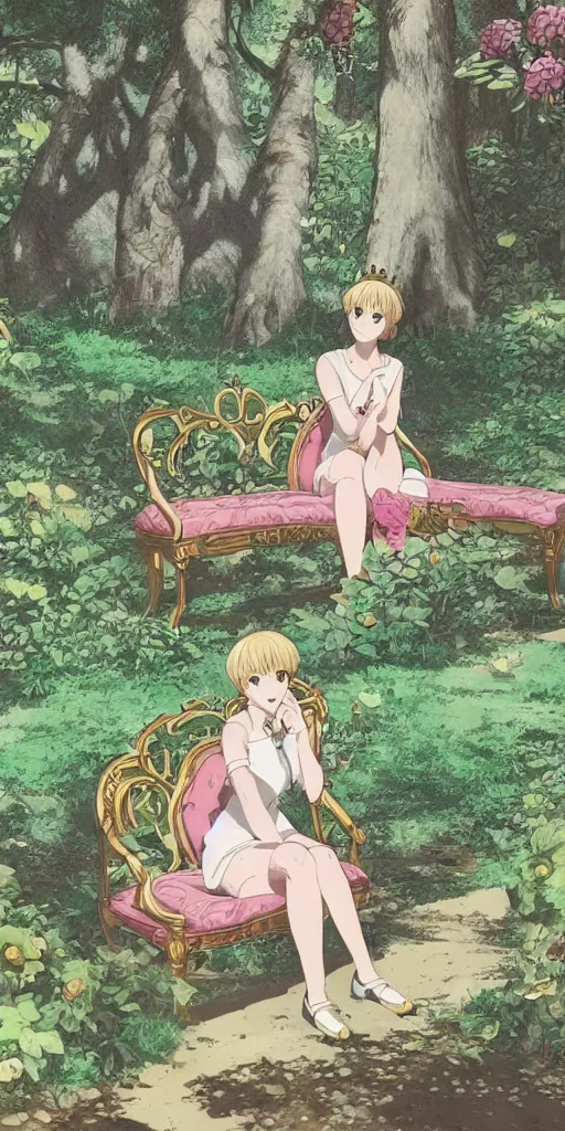 Image similar to the queen of good vibes sitting by herself on a sofa in a forest, drawn by CloverWorks, intricate detail, elegant,