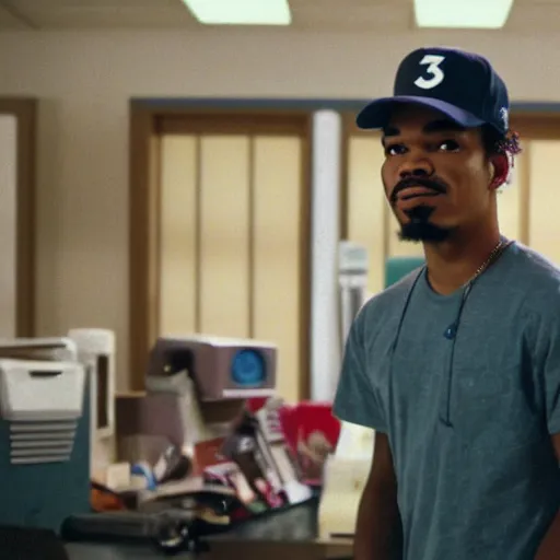 Image similar to a tv still of Chance The Rapper starring as a college student in a 1989 black sitcom, 40mm lens