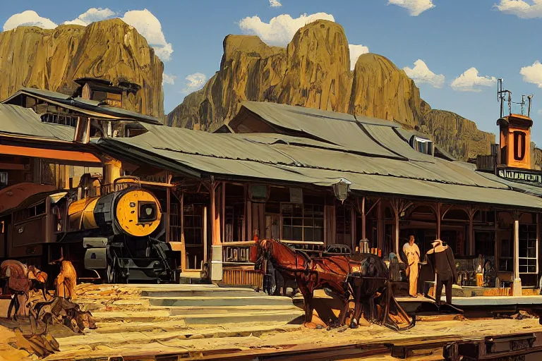 Image similar to idyllic old western train station illustration by syd mead artstation 4 k graphic novel concept art matte painting