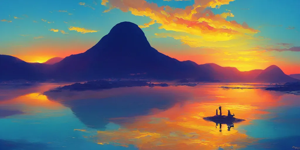 Prompt: iridescent painting of sunset over RIo de Janiero, panoramic, digital painting, by RHADS and Moebius