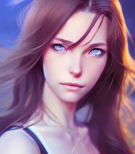 Image similar to portrait of a woman with blue eyes, brown hair and a perfect body, wearing casual, character design by charlie bowater, ross tran, artgerm, and makoto shinkai, detailed, soft lighting, rendered in octane