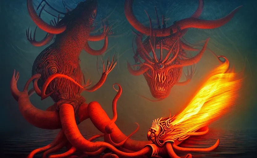 Image similar to mysterious bestiary of wild emotion monsters repressed in the deep sea of unconscious of the psyche lead by baba yaga, about to rip through and escape in a extraordinary revolution, dramatic fire glow lighting, surreal painting by ronny khalil