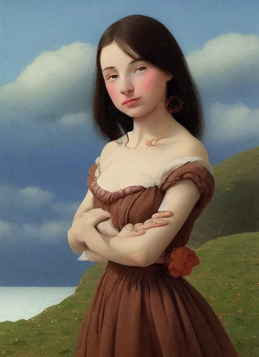 Image similar to hyper detailed 3 d render like a oil painting - cute portrait of a brunette named emma, italian looking, looking at camera, symmetrical face, long brunette hair, nose ring, a smiling cow looking over her shoulder by ryden, kawase hasui, dorothea tanning, edward hopper and james gilleard, aivazovsky, beksinski, outram, artstation