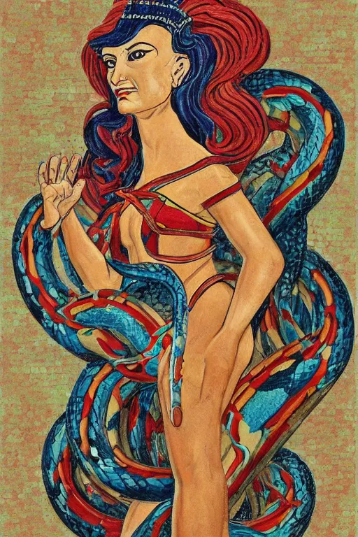 Image similar to Minoan snake goddess in the style of rosie the riviter yes we can poster, clean and detailed, and holding a snake