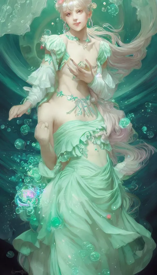 Image similar to portrait of magical girl, dreamy and ethereal, mint green eyes, peaceful expression, ornate frilly dress, fantasy, intricate, elegant, rainbow bubbles, highly detailed, digital painting, artstation, concept art, smooth, sharp focus, illustration, art by artgerm and greg rutkowski and alphonse mucha